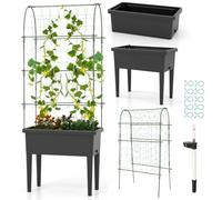 COSTWAY 4-in-1 Raised Garden Bed with Trellis, Self-watering Elevated Planter Box with Water Level Indicator & Drainage Holes for Climbing Plants Vines, Fruit Vegetable Flower Pot Container