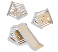 COSTWAY 4 in 1 Toddler Climbing Frame, 3-Sided Kids Wooden Montessori Climber with Sliding Ramp, Climbing Net and Board, Indoor Play Gym for Boys Girls