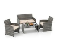 Costway 4 Piece Patio Conversation Set Rattan Chair Loveseat & Table Set With Seat Cushions-White