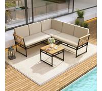 Costway 4 Piece Patio L-Shaped Sectional Sofa Set Acacia Wood Metal Conversation Set
