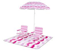 Costway 4 Pieces Beach Umbrella Set Portable Parasol w/2 Foldable Chairs in Pink COSTWAY Pink