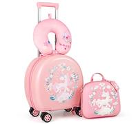 COSTWAY 4 Pieces Kids Suitcase, 14 Inch Luggage & Backpack Set with Neck Pillow, Name Tag, Extendable Handle, Children Travel Trolley Bag for Boys Girls (Pink)