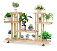 Costway 4-Tier Flower Plant Stand Wooden Flower Rack Display Shelf W/ Wheels & 8 Shelves
