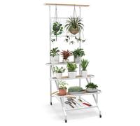 COSTWAY 4-Tier Hanging Plant Shelf, Ladder Flower Pot Organizer Storage Rack with Wheels, Hanging Bar and Trellis, Metal Frame Tall Plants Holder for Living Room, Balcony & Patio