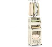 Costway 4-Tier Laundry Cart Folding Laundry Hamper with Hanging Bar in Beige COSTWAY Beige