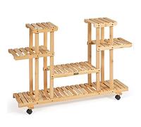 COSTWAY 4-Tier Plant Stand, Rolling Flower Shelving Unit with Detachable & Lockable Wheels, Indoor Outdoor Wooden Pots Display Rack Holder for Living Room Backyard Balcony Garden Patio