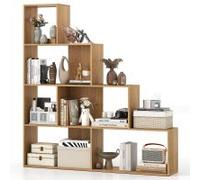 Costway 4-Tier Stepped Bookshelf Modern Ladder Bookcase w/6 Storage Cubes in Natural COSTWAY Natural