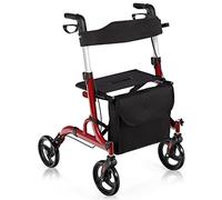 COSTWAY 4 Wheels Rollator Walker with Seat, Folding Mobility Walker with Dual Brake System, Height Adjustable Handle, Cane Holder & Storage Bag, Lightweight Walking Aid for Elderly Handicapped (Red)