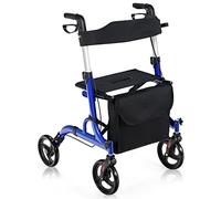 COSTWAY 4 Wheels Rollator Walker with Seat, Folding Mobility Walker with Dual Brake System, Height Adjustable Handle, Cane Holder & Storage Bag, Lightweight Walking Aid for Elderly Handicapped (Blue)