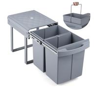 COSTWAY 40L Pull Out Kitchen Bin, 2 x 20L Built in Trash Can Under Cabinet with Lid and Handle, Sliding Recycle Waste Bin for Waste Sorting System, Grey