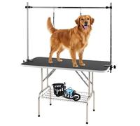 COSTWAY 47'' Dog Grooming Table, Foldable Pet Beauty Station with Height Adjustable Arm, Loops, Storage Basket, Pets Drying Trimming Table for Large Dogs Cats