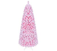 COSTWAY 4FT/5FT/6FT Artificial Christmas Tree, Snow Flocked Xmas Tree with Branch Tips and Foldable Metal Stand, Slim Pencil Seasonal Decoration Tree for Home Office Party (6FT, Pink)