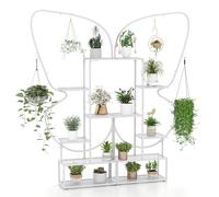 COSTWAY 5/6-Tier Tall Plant Stand, 2-Pack Ladder Plant Shelf with Hanging Hooks, Indoor Outdoor Metal Display Pot Holder for Balcony Garden Patio (White, 87 x 26 x 185 cm, Butterfly-Shaped)
