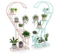 COSTWAY 5/6-Tier Tall Plant Stand, 2-Pack Ladder Plant Shelf with Hanging Hooks, Indoor Outdoor Metal Display Pot Holder for Balcony Garden Patio (Pink+Blue, 71 x 30 x 148 cm, Heart-Shaped)