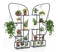 COSTWAY 5/6-Tier Tall Plant Stand, 2-Pack Ladder Plant Shelf with Hanging Hooks, Indoor Outdoor Metal Display Pot Holder for Balcony Garden Patio (Black, 87 x 26 x 185 cm, Butterfly-Shaped)