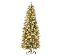 COSTWAY 5 FT/6 FT Pre-Lit Slim Pencil Christmas Tree, Snowy Artificial Xmas Tree with 408/618 Branch Tips and LED Lights, Indoor Festive Decoration Tree (Green+White+Red+Brown, 180 cm)