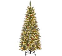 COSTWAY 5 FT/6 FT Pre-Lit Slim Pencil Christmas Tree, Snowy Artificial Xmas Tree with 408/618 Branch Tips and LED Lights, Indoor Festive Decoration Tree (Green+White+Red+Brown, 150 cm)