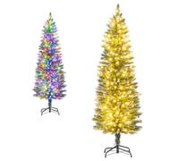COSTWAY 5 FT/6 FT Pre-Lit Slim Pencil Christmas Tree, Snowy Artificial Xmas Tree with Branch Tips and LED Lights, Indoor Festive Decoration Tree