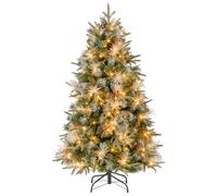 COSTWAY 5 FT Pre-Lit Artificial Christmas Tree, Hinged Holiday Xmas Tree with 602 PE & PVC & PET Branch Tips, 190 Warm White LED Lights, 8 Modes, Pine Cones, Berries, Metal Stand, Home Party Decor