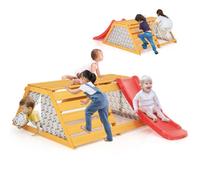 Costway 5-In-1 Jungle Gym Wooden Indoor Rock Climbing Wall & Rope Climber W/ Slide