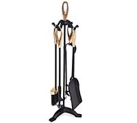 COSTWAY 5 Piece Fire Tools Set, Iron Fireplace Fireside Companion Brush, Poker, Shovel and Tong (Brass + Black)