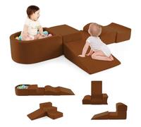 COSTWAY 5-Piece Soft Play Climbing Blocks, Baby Climb and Crawl Playset with Ball Pit, Foam Playground Montessori Toy for Toddlers (Coffee)
