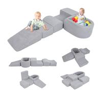 COSTWAY 5-Piece Soft Play Climbing Blocks, Baby Climb and Crawl Playset with Ball Pit, Foam Playground Montessori Toy for Toddlers (Grey Sherpa Fabric)