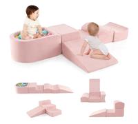 COSTWAY 5-Piece Soft Play Climbing Blocks, Baby Climb and Crawl Playset with Ball Pit, Foam Playground Montessori Toy for Toddlers (Pink)