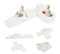 COSTWAY 5-Piece Soft Play Climbing Blocks, Baby Climb and Crawl Playset with Ball Pit, Foam Playground Montessori Toy for Toddlers (Beige Sherpa Fabric)