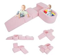 COSTWAY 5-Piece Soft Play Climbing Blocks, Baby Climb and Crawl Playset with Ball Pit, Foam Playground Montessori Toy for Toddlers (Pink Sherpa Fabric)