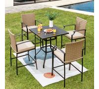 Costway 5 Pieces Garden Bar Table Chairs Set Patio Rattan Bistro Set W/ Soft Cushions