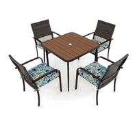 Costway 5 Pieces Patio Dining Set 4 Cushioned Rattan Armchairs & Square Table