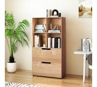 Costway 5-Tier Bookcase w/2 Drawers & 4-Cubes Tall Bookshelf Display Rack in Natural COSTWAY Natural