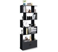 Costway 5-tier S-Shaped Bookcase Industrial Display Rack with Cabinet Wooden Bookshelf in Black COSTWAY Black