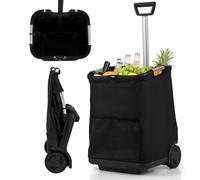 COSTWAY 50L Folding Shopping Trolley, Lightweight Shopping Cart with 3 Pockets and Retractable Handle, Foldable Utility Push Cart for Grocery Supermarket (Black)