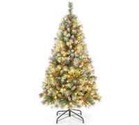 COSTWAY 5FT/6.5FT Pre-Lit Artificial Christmas Tree, Hinged Xmas Tree with Branch Tips, Warm White LED Lights, 8 Lighting Modes, Pine Cones & Red Berries, Home Office Holiday Decorative Tree (195 cm)
