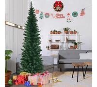COSTWAY 5FT/6FT/7FT/8FT Green Pencil Slim Christmas Tree, Traditional Artificial Pine Xmas Tree with Metal Stand, Christmas Decoration and Gift (Green, 6FT/1.8M)