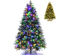 COSTWAY 5FT/6FT/7FT Pre-Lit Christmas Tree, Hinged Artificial Xmas Tree with 250/350/450 LED Lights, Dual-Color Changing, 11 Flash Modes, Pine Cones and Red Berries, Festive Party Decor (6FT)