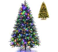 COSTWAY 5FT/6FT/7FT Pre-Lit Christmas Tree, Hinged Artificial Xmas Tree with 250/350/450 LED Lights, Dual-Color Changing, 11 Flash Modes, Pine Cones and Red Berries, Festive Party Decor (210 cm)