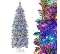 COSTWAY 5FT/6FT Pre-Lit Artificial Christmas Tree, Hinged Slim Pencil Xmas Tree with 343/475 Branch Tips and 190/250 Multi-Color LED Lights, Xmas Holiday Office Home Decor(5FT, Green + White)