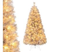 COSTWAY 5FT/6FT Pre-Lit Artificial Christmas Tree, Hinged Xmas Tree with 385/553 Branch Tips, 170/230 Warm White LED Lights and Silver Tinsel Leaves, Festive Celebration Tree for Home Office (5FT)