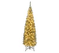 COSTWAY 5FT/6FT Pre-Lit Artificial Christmas Tree, Slim Pencil Xmas Tree with 320/420 Branch Tips, 150/180 Warm-White LED Lights and Foldable Metal Stand, Indoor Festive Holiday Party Decor(5FT)