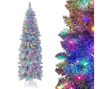 COSTWAY 5FT/6FT Pre-Lit Artificial Christmas Tree, Slim Pencil Xmas Tree with Branch Tips and LED Lights, Xmas Holiday Office Home Decor (180 cm, Green+White)