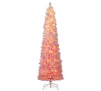 COSTWAY 5FT/6FT Pre-Lit Artificial Christmas Tree, Slim Pencil Xmas Tree with Branch Tips and LED Lights, Xmas Holiday Office Home Decor (180 cm, Pink-with Warm White Lights)