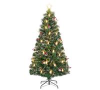 COSTWAY 5FT/6FT Pre-Lit Christmas Tree, Fiber Optic Artificial Xmas Tree with 8 Modes, Warm White LED Lights, Pine Needles, Pine Cones, Red Berries & Kerosene Lamps, Festive Celebration Tree (6FT)