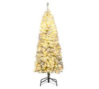 COSTWAY 5ft/6ft Pre-lit Snow Flocked Christmas Tree, Hinged Artificial Slim Pencil Xmas Tree with Lights, Foldable Metal Stand, Holiday Decoration for Home Office Shop (150 cm)