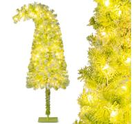 COSTWAY 5FT/6FT Whimsical Christmas Tree, Bendable Artificial Xmas Tree with 216/290 Branch Tips, 80/120 Warm White LED Lights and 8 Lighting Modes, Pre Lit Flocked Decoration Tree (150 cm)