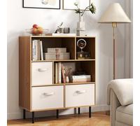 Costway 6-Cube Bookshelf 3-Tier Bookcase With 3 Removable Folding Fabric Drawers-Natural