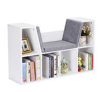 COSTWAY 6-Cube Kids Bookcase, Wooden Display Shelving Unit Organizer with Cushioned Reading Nook, Multi-Functional Storage Shelf Cabinet (White)