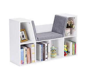 COSTWAY 6-Cube Kids Bookcase, Wooden Display Shelving Unit Organizer with Cushioned Reading Nook, Multi-Functional Storage Shelf Cabinet (White)
